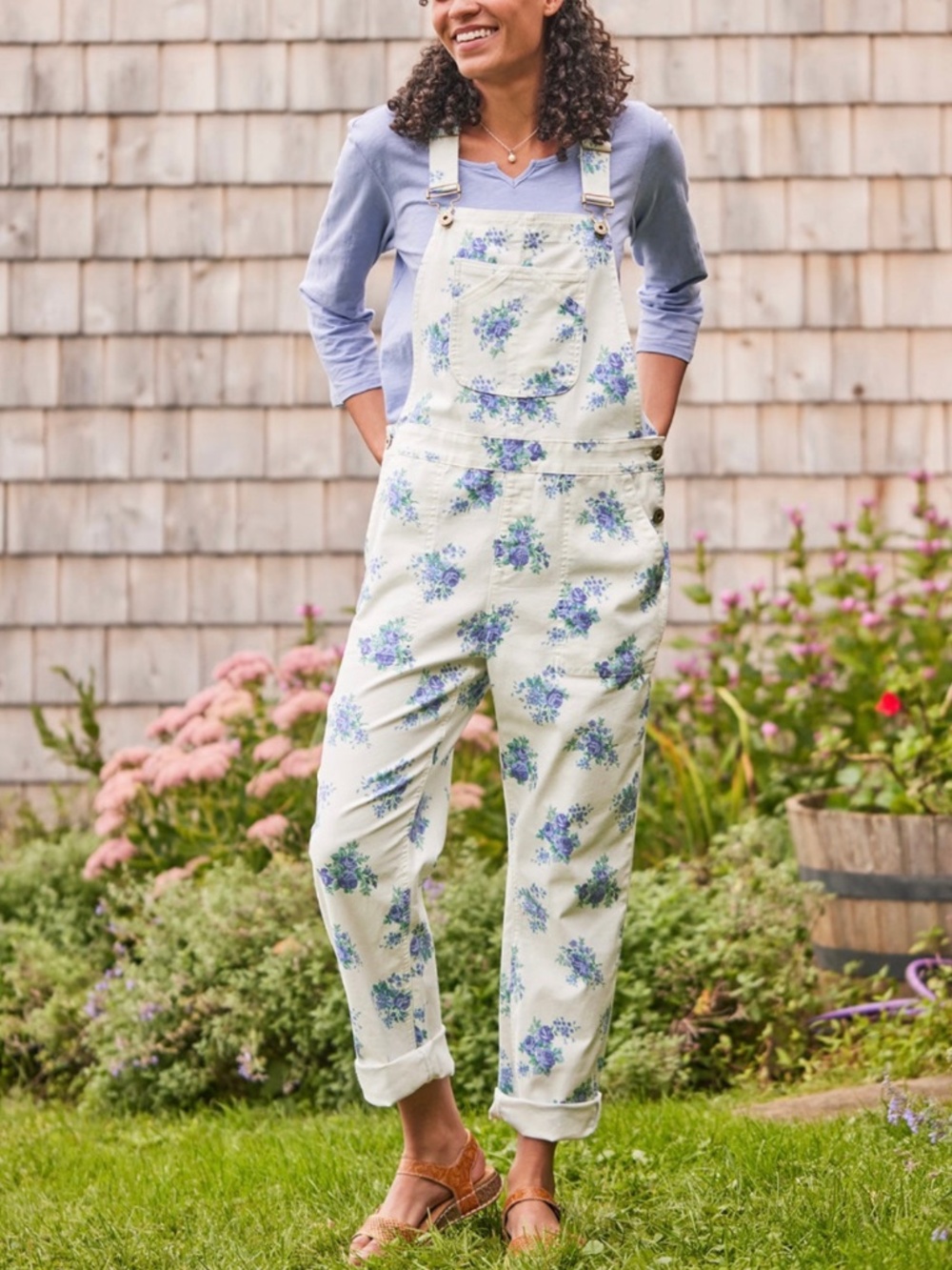 April Cornell Maritime Bouquet Floral Cotton Blend Denim Overall Small